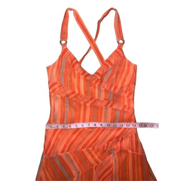 Bebe 100% Silk Orange Retro Print Asymmetrical Hem Dress - Picture 10 of 12